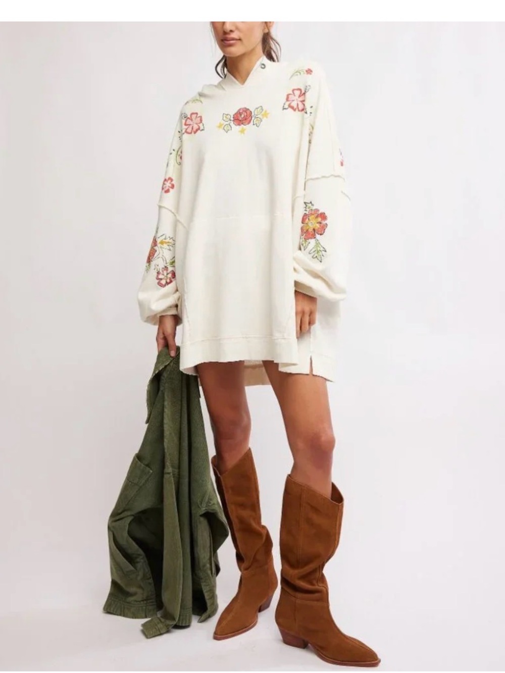 Free People Cream Hoodie with Floral Accents